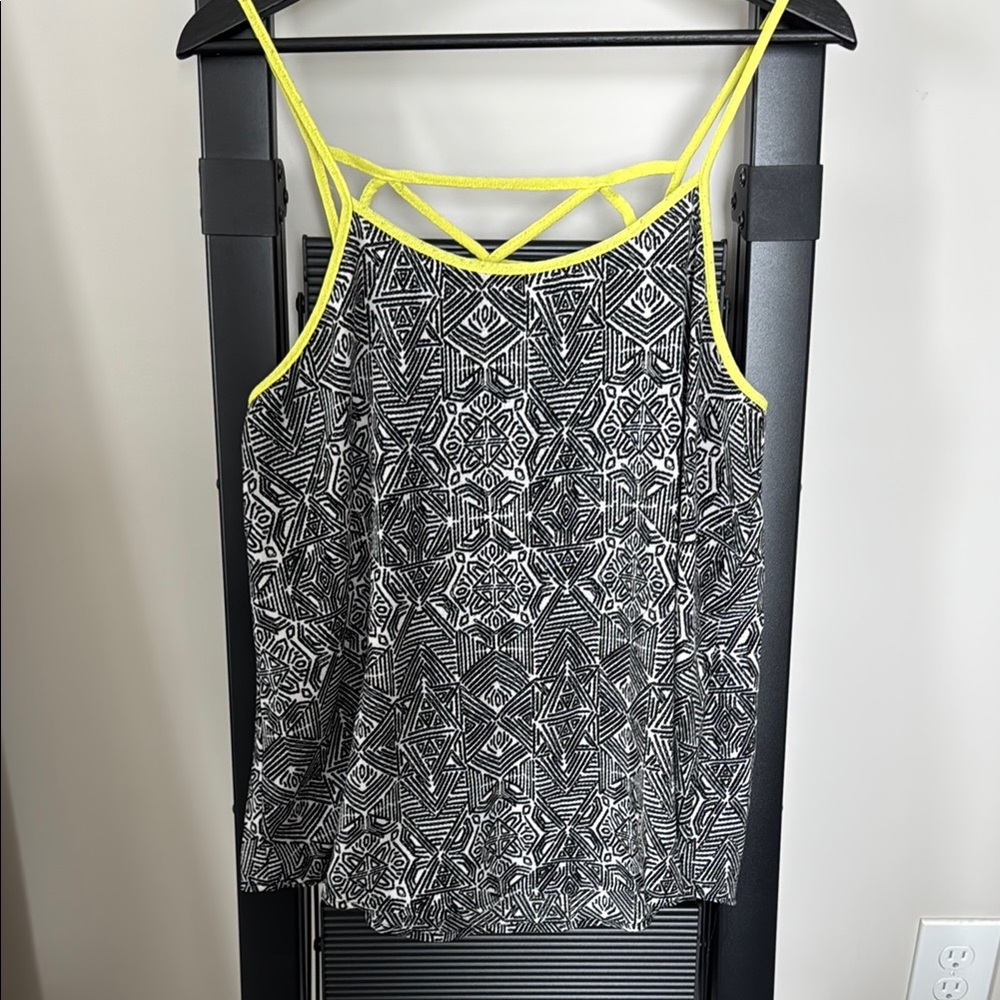 Geometric Black and White Women's Top with Yellow Accents